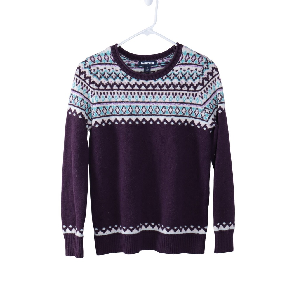 Lands End Womens Fair Isle Crewneck Sweater Purple‎ Cotton Wool Blend Small 6-8